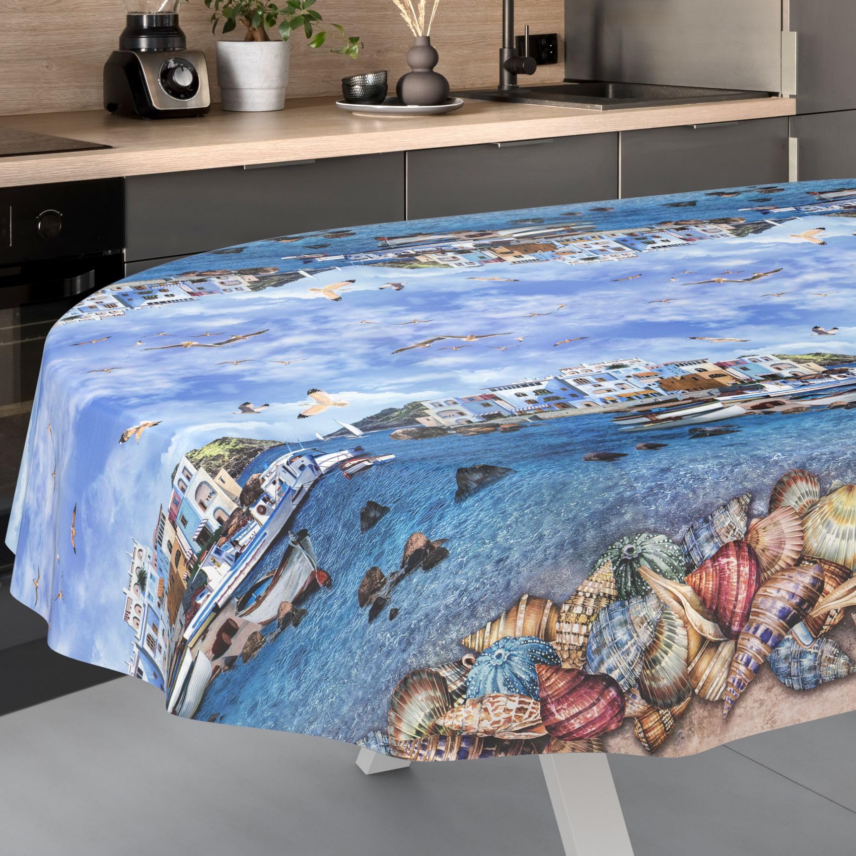 ANRO Oilcloth Tablecloth, Washable, Oilcloth, Garden Tablecloth, Outdoor, Indoor, Oval, 200 x 140 cm, Cut Edge, Fisherman's Shore
