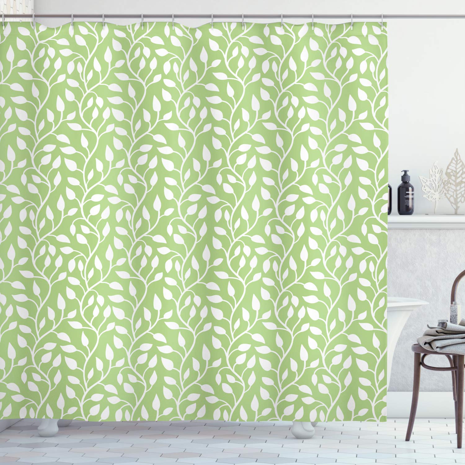 ABAKUHAUS Spring Shower Curtain, Modern Design Leaf Pattern Illustration Park Season Spring Trees Silhouettes, Cloth Fabric Bathroom Decor Set with Hooks, 86 Inches Extra Long, Pale Green White