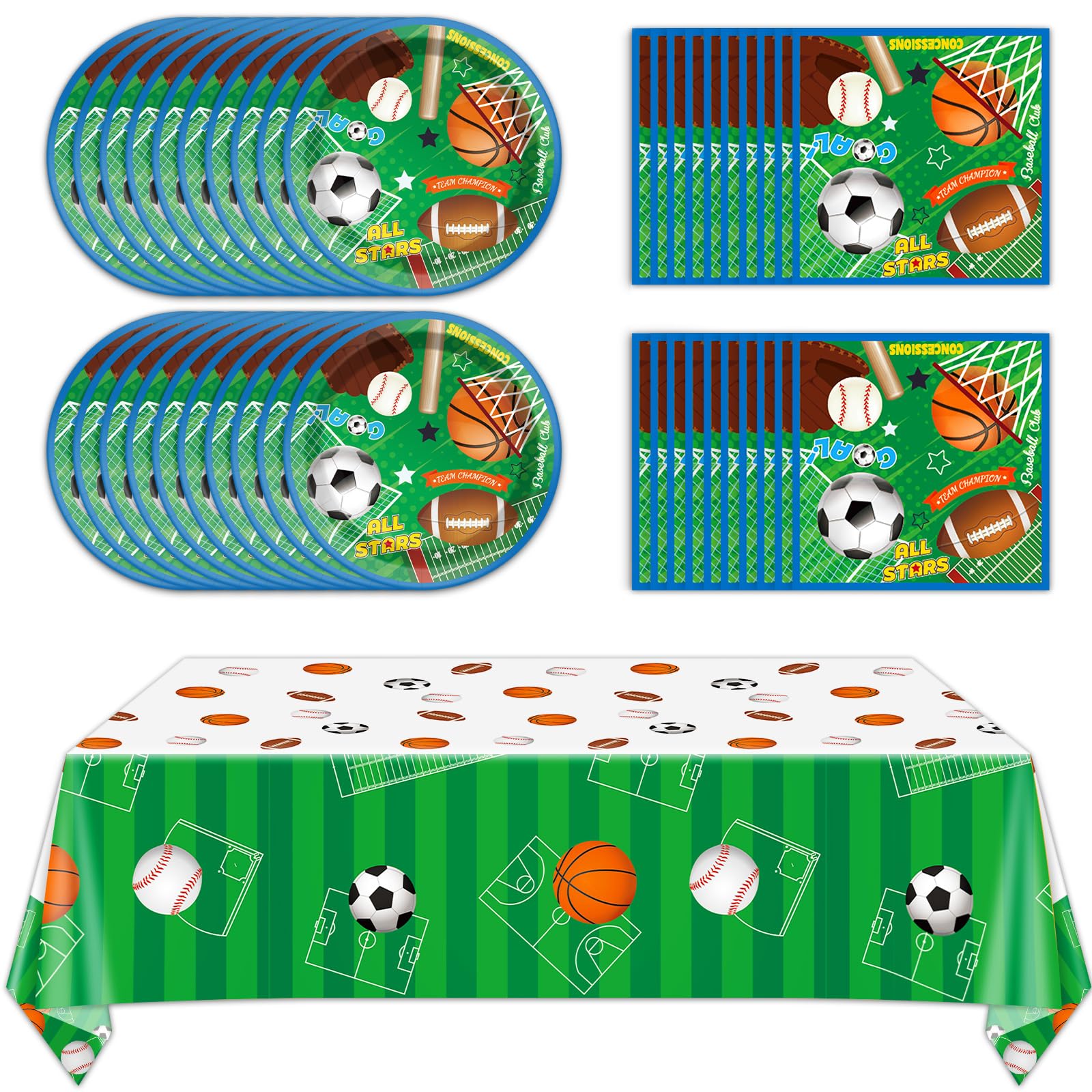 Photo 1 of Sports Party Decorations Tableware Set All Star Plates Napkins All Sports Disposable Table Cover Baseball Football Soccer Basketball Dinnerware for Boy Birthday Party Baby Shower Decor Supplies