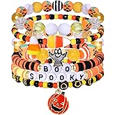 BVGA Halloween Bracelets Beaded Pumpkin Candy Corn Spider Ghost Charms Bracelets BOO Happy Halloween Stretch Bracelets Set Holiday Jewelry Gift