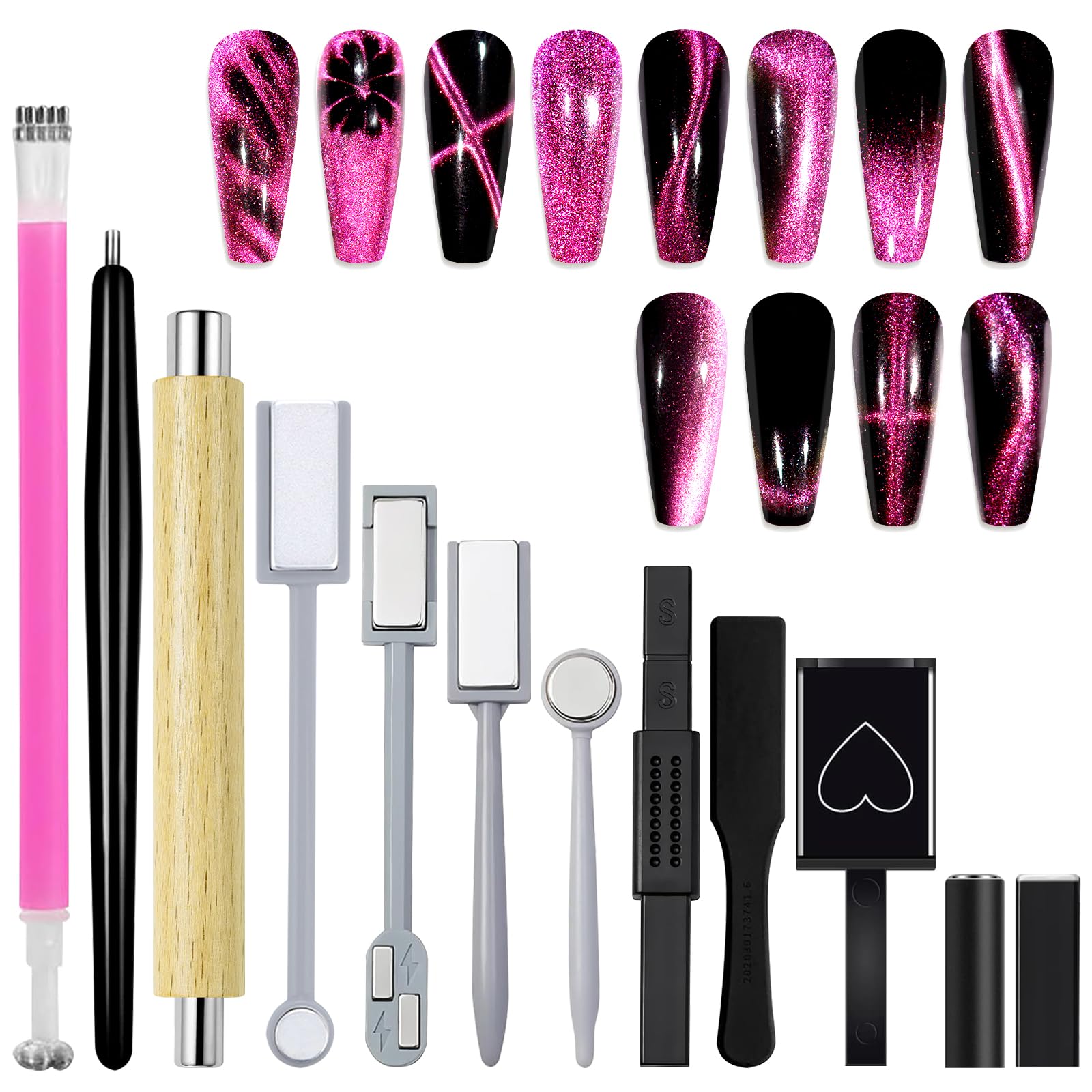 Laza 12 Pcs Nail magnet Set, Super Strong Cylinder & Heart Wand Magnets, 9D Galaxy Cat Eye Nail Art