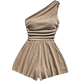 SOLY HUX Women's One Shoulder Sleeveless Ruched Romper Wide Leg Summer Vacation Going Out Short Jumpsuit