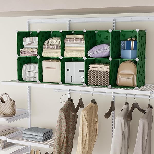 UNKU CUBE STORAGE ORGANIZER, 16 CUBE CLOSET ORGANIZER STORAGE SHELVES, DIY STACKABLE BOOKCASE, CLOTHES ORGANIZER SHELF FOR CLOSET, BEDROOM, LIVING ROOM, CABINET, HOME, OFFICE, GREEN