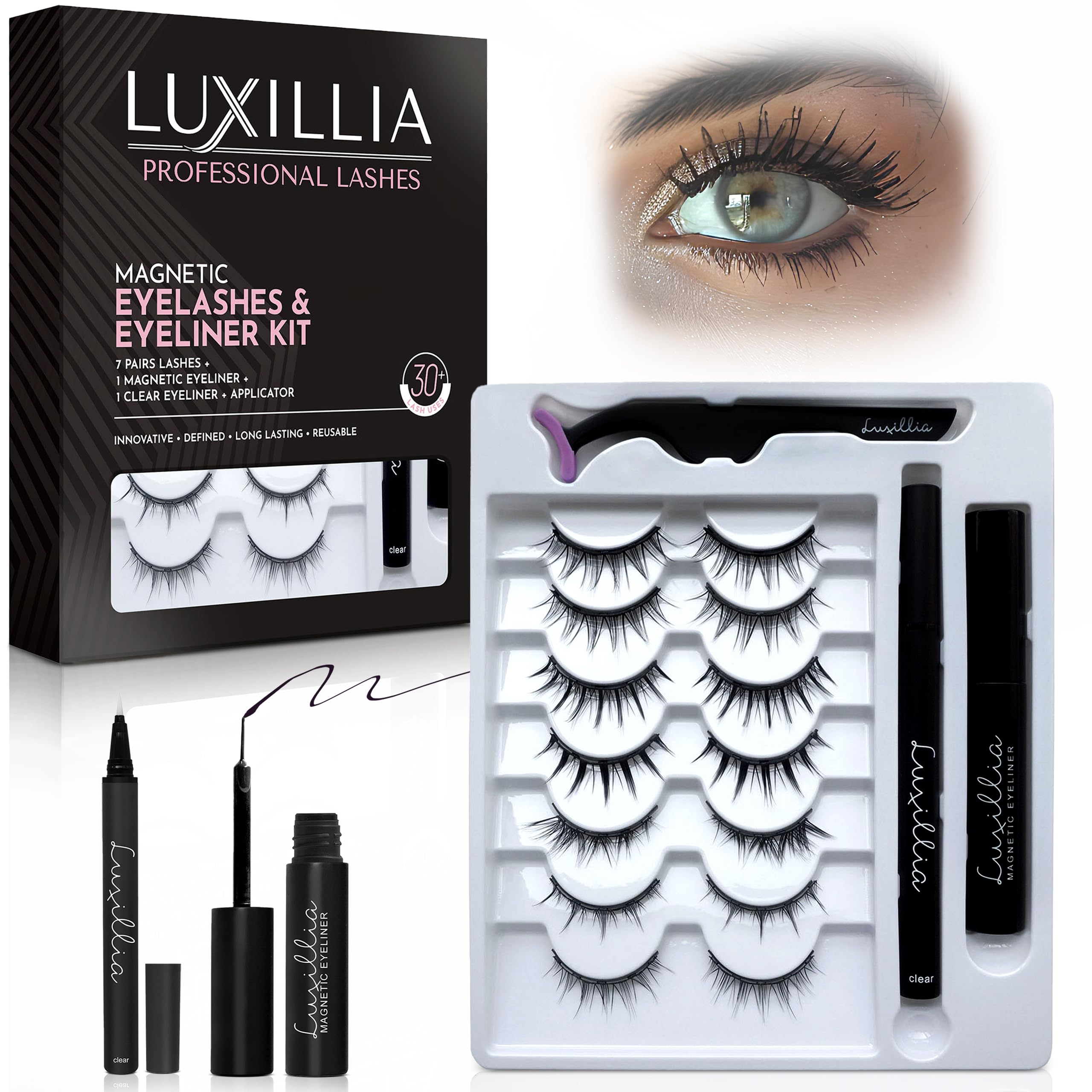 Luxillia (Clear + Black) Magnetic Eyeliner with Eyelashes Kit - Free Applicator Tool, 8D Most Natural Look Eyelash No Magnets Needed - Best Reusable False Eye Lash, Waterproof Liner Pen and Lashes