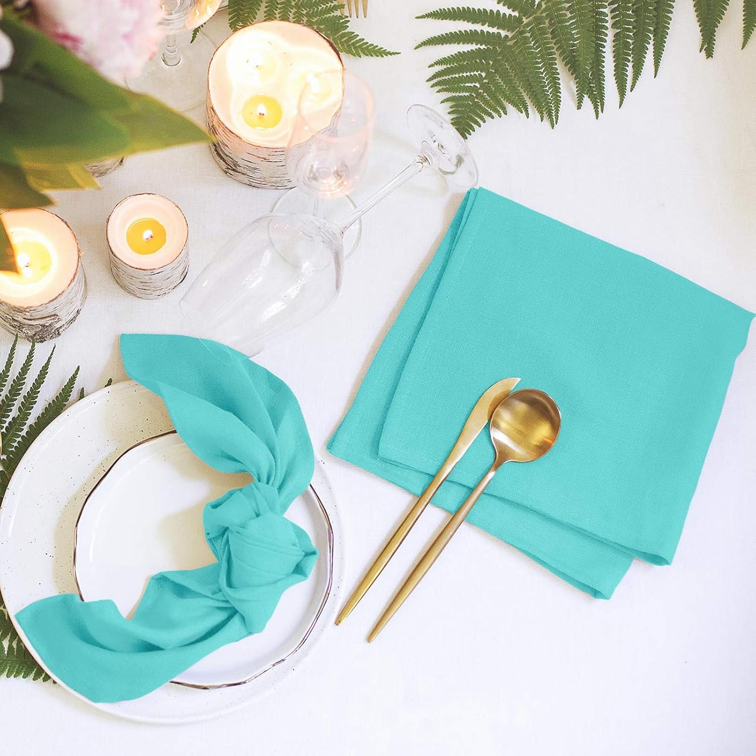 VEEYOO Cloth Napkins - Set of 12 Pieces 17 x 17 Inch Solid Polyester Table Napkins - Soft Washable and Reusable Dinner Napkin for Weddings, Parties, Restaurant (Turquoise Napkins Cloth): Home & Kitchen