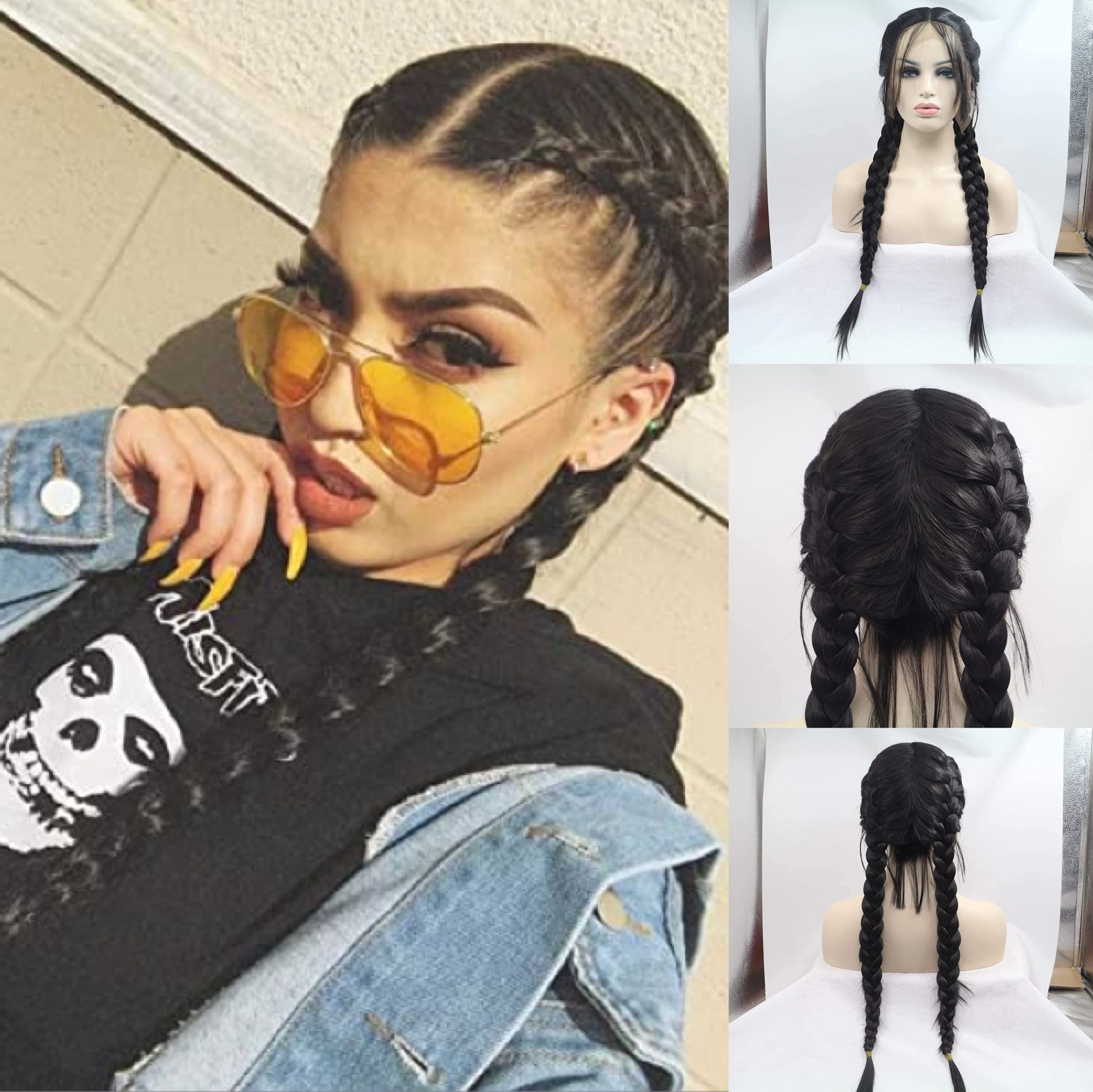 Black Color Double Braided Wigs with Baby Hair 2x Twist Braids Long Hair Glueless Synthetic Lace Front Wigs Heat Resistant Synthetic Lace Wigs for Women