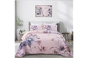 DRUCON Floral Quilt Set King 3 Pieces Pink Floral Quilt Coverlet Set Soft Microfiber Lightweight Pink Quilted Bedspread for All Season 104"x90"