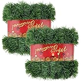 2Pcs 50FT Green Christmas Garland Decorations, Christmas Artificial Pine Greenery Garland Outdoor Indoor Decor, Straight Faux PVC Soft Garland for Stairs Railing Fireplace Window Christmas Decor