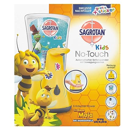 Sagrotan No-Touch Kids Automatischer Seifenspender – Inkl. Sagrotan Nachfüller Entdeckerpower Aloe Vera und Sticker, Biene Ma