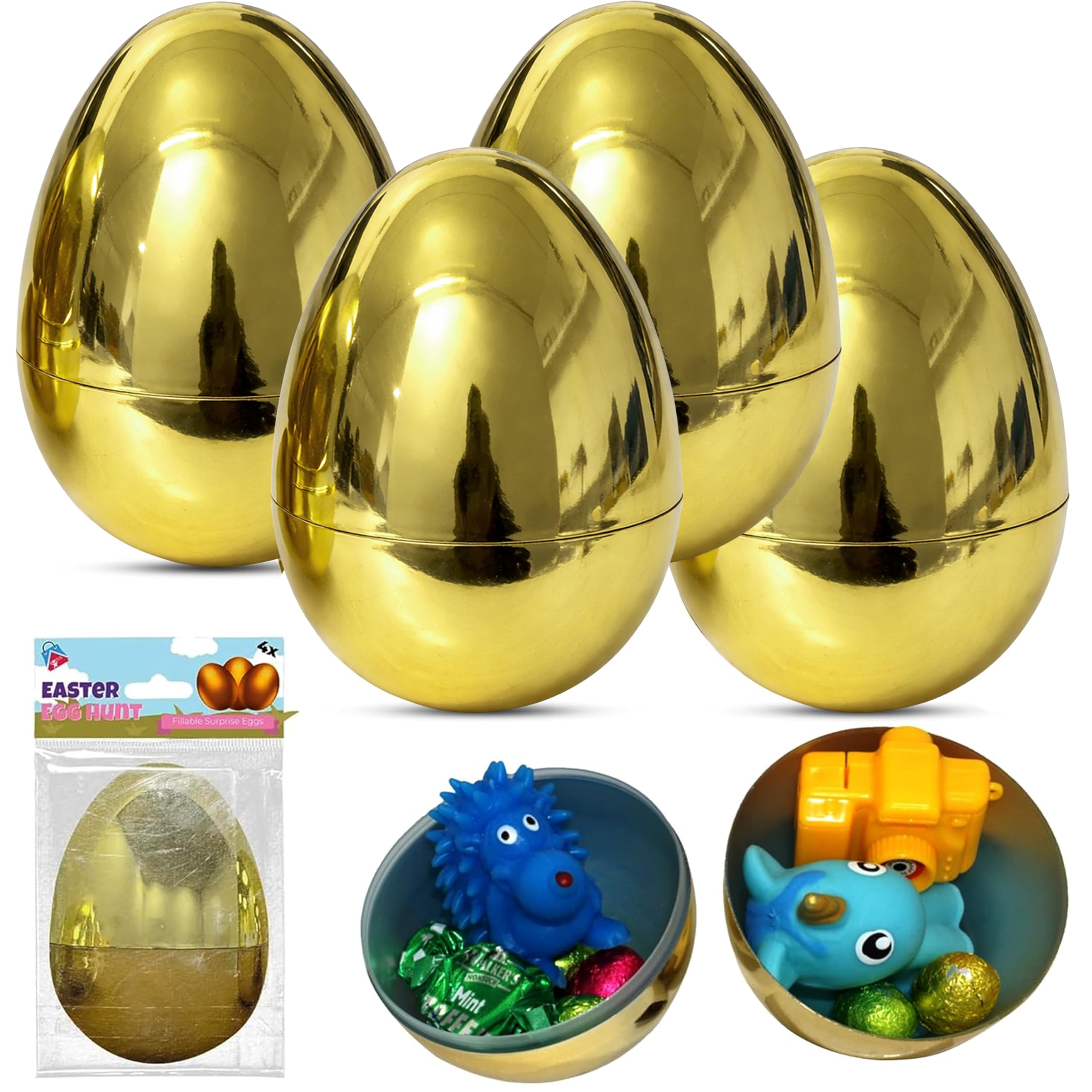 4X Golden Easter Eggs 10cm - Fillable Jumbo Eggs Empty, Large Surprise Eggs for Easter Hunt Games, Party Favor Fillers Basket Stuffers for Easter Party