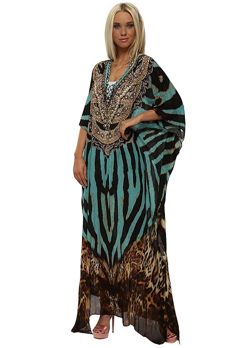 Kaftan Dress zebra and leopard blues bronw mix desing