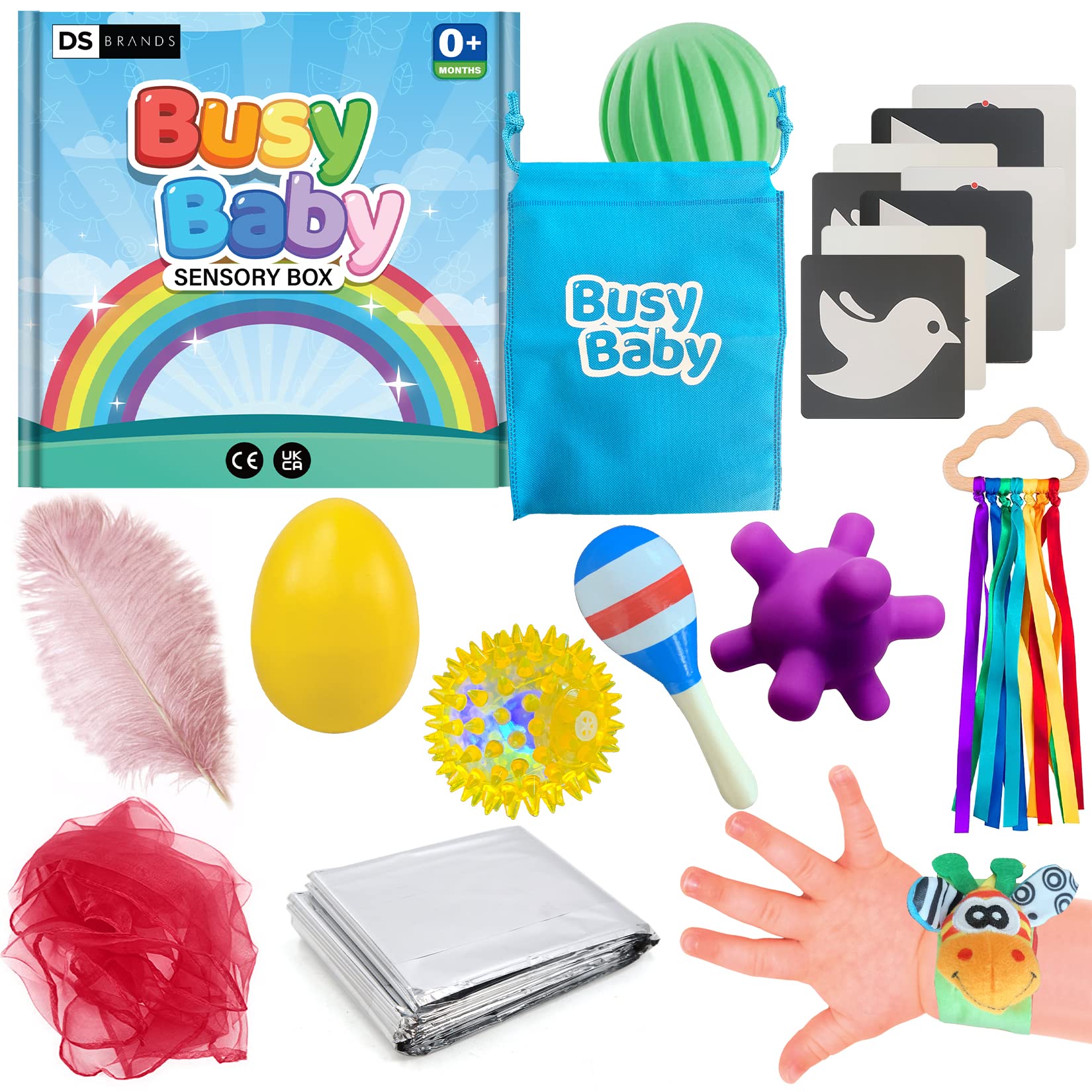 DS Brands Sensory Toys for Babies- Baby Sensory Toys 0-6 Months with Ribbon Ring, Maracas, Ball, Rattle, Cards, Scarf and Foil - Newborn Girl Boy Shower Gift Box - Baby Christmas Stocking Fillers