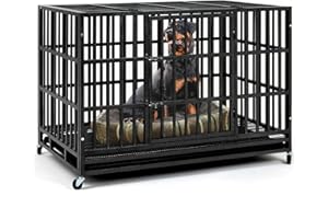 BLIGHTOR Upgrade 48 Inch Heavy Duty Indestructible XL Dog Crate Steel Escape Proof, Indoor Double Door High Anxiety Cage, Kennel with Wheels, Removable Tray, Extra Large XL XXL