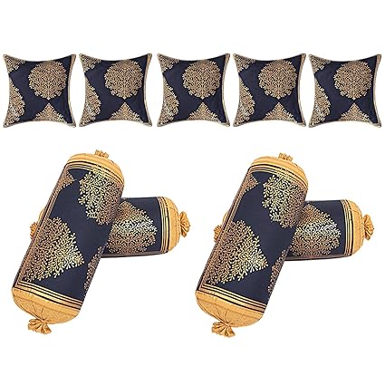 Jai Siya Ram Printers Traditional Rajasthani Printed Cotton Cushion and Bolster Covers Set (Navy)