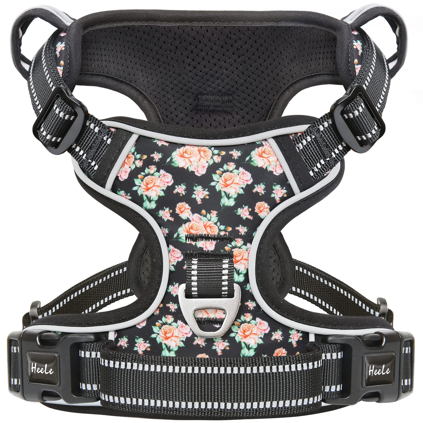 HEELE Dog Harness, Reflective Dog Harness, with Padded Handle Control, 2 Metal Rings, Harness for Small Medium and Large Dogs, Flower-Black, S — image 1