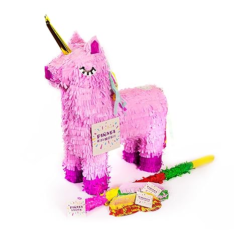 Trendario Einhorn Pinata Set, Pinjatta + Stab + Augenmaske, Ideal zum Befüllen mit Süßigkeiten und Geschenken - Piñata für Ki