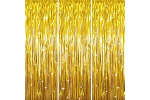GOER 3.2 ft x 9.8 ft Metallic Tinsel Foil Fringe Curtains Party Photo Backdrop Party Streamers for Birthday,Graduation,New Year Eve Decorations Wedding Decor (Gold,3 pcs)