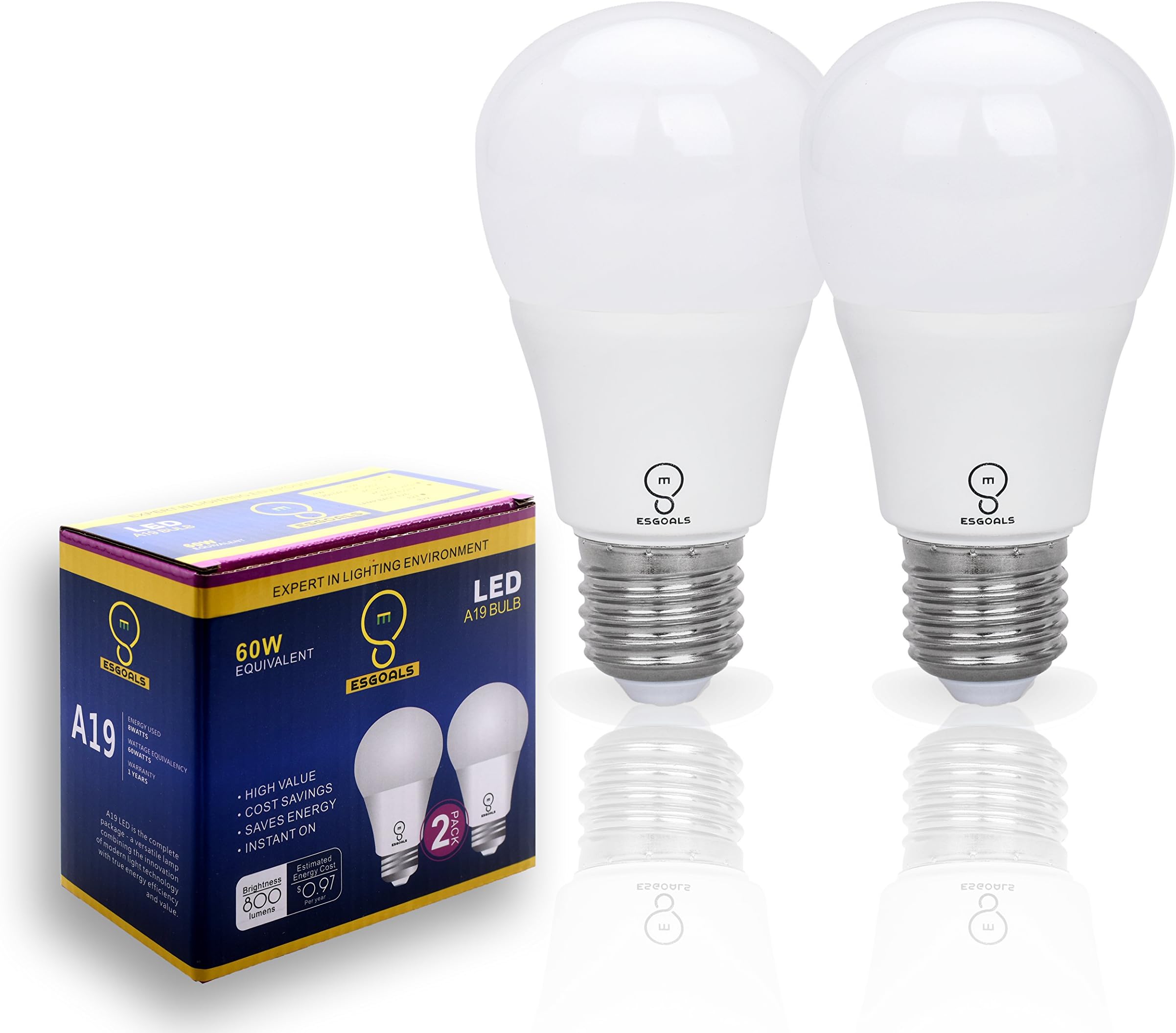 ESGOALS LED Light Bulbs, 8W(60W Equivalent), A19 E26 LED Bulb, 3000K Soft White, Not Dimmable, 800 Lumens, Wide 240 Degree Beam Angle, Medium Screw Base, General Purpose for Home- Pack of 2