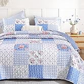 YIKUSH Quilt Sets Queen Size Floral Quilt Set 3 Pieces Bedding Set Bedspreads Blue Comforter Blanket with 2 Pillow Cases- Ultra Soft Floral Coverlet with Printed Pattern 90in.x 90in