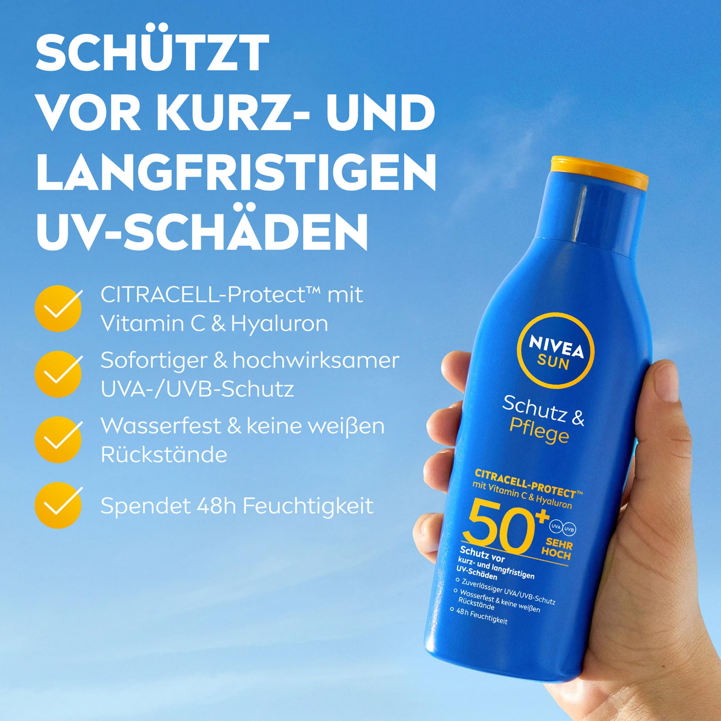 NIVEA SUN Schutz & Pflege Sonnenlotion LSF 50+, wasserfester Sonnenschutz mit Vitamin C & Hyaluron, schnell einziehende Sonnencreme für 48h Feuchtigkeit ohne weiße Rückstände (200 ml) 2