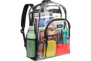 Masirs Heavy Duty Clear Backpack, Stadium Approved Transparent Design, Quick Access at Security Checkpoints, Adjustable Shoulder Straps, Dual Zippered Compartments & Mesh Side Pockets, (16"H x 11"W)