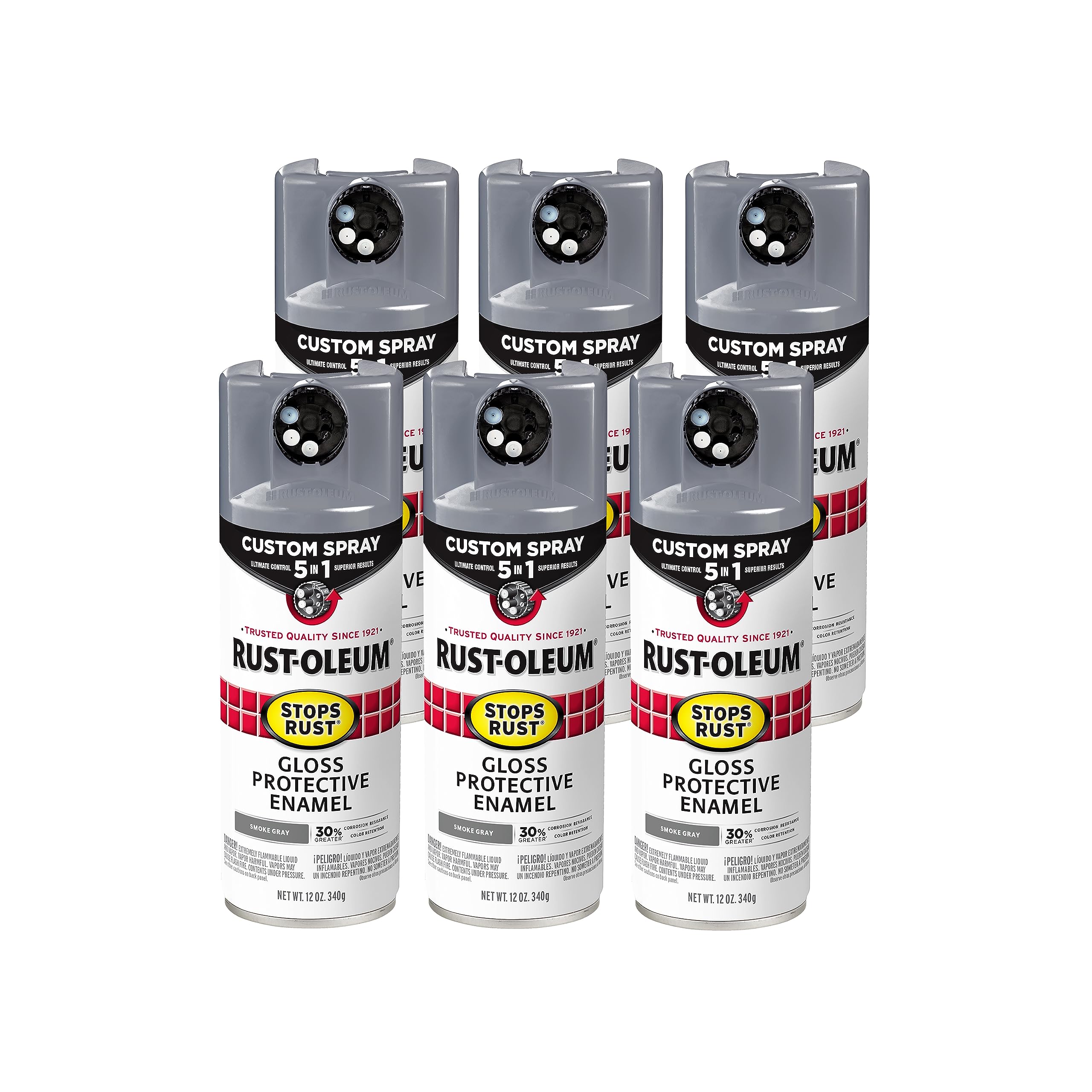 Rust-Oleum 376897-6PK Stops Rust Custom Spray 5-in-1 Spray Paint, 12 oz, Gloss Smoke Gray, (Pack of 6) Image