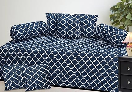 Inaya Home Decor Diwan Set of 8 Pieces, 100% Cotton, Blue Chain Pattern