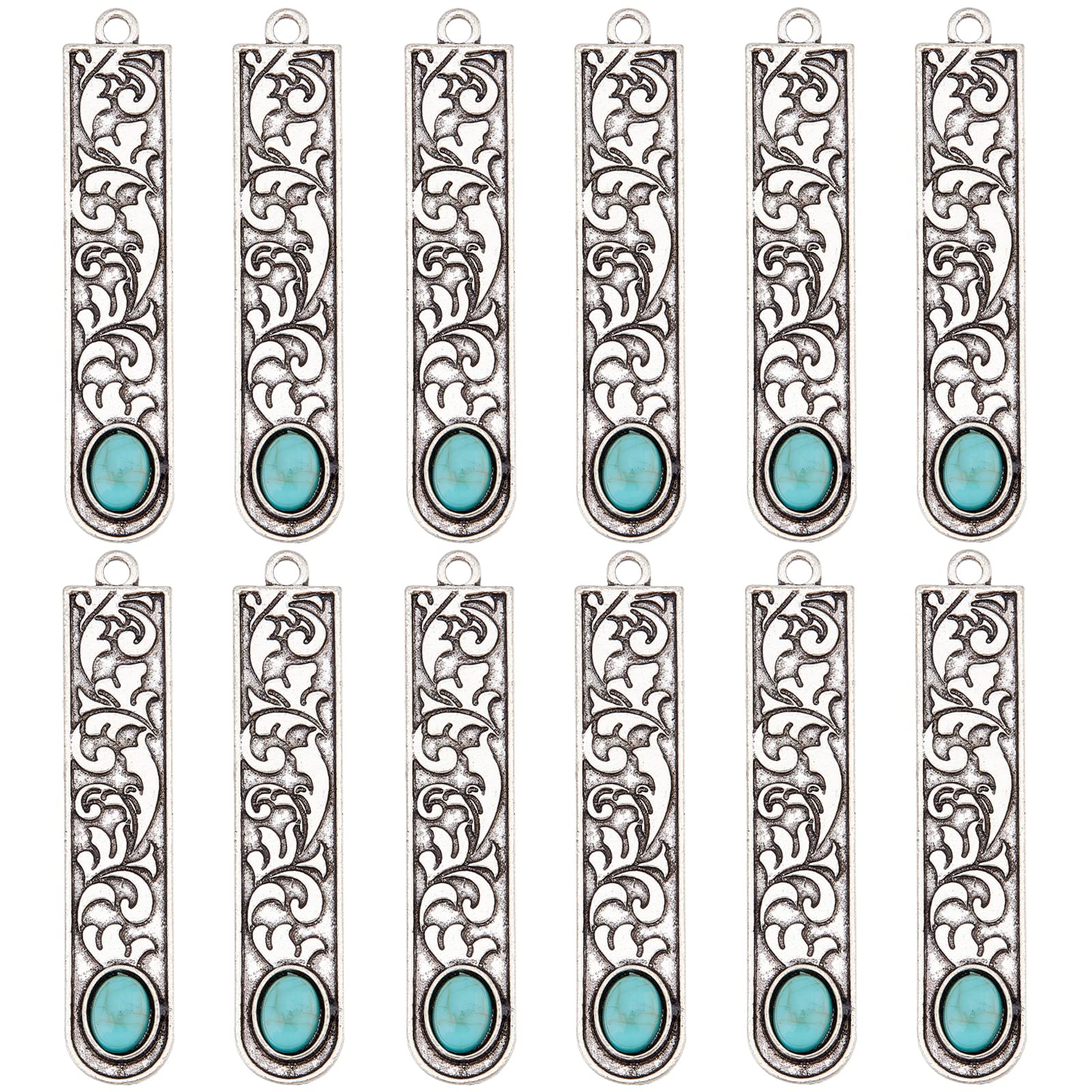 SUNNYCLUE 1 Box 20Pcs Synthetic Turquoise Charms Flower Pattern Bookmark Charms DIY Rectangle Charms for Jewelry Making Tibetan Style Alloy Pendants Carved Charms Earrings Necklace Keychain Supplies