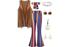 CICOCI 60s 70s Outfit For Women Hippie Costume 8pcs Fringe Vest Flared Pants Costume Peace Sign Necklace Earrings