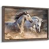 Large Framed Horse Wall Art: Horse Wooden Painting Western Pictures Wild Animals Prints Artwork for Living Room (45x30)
