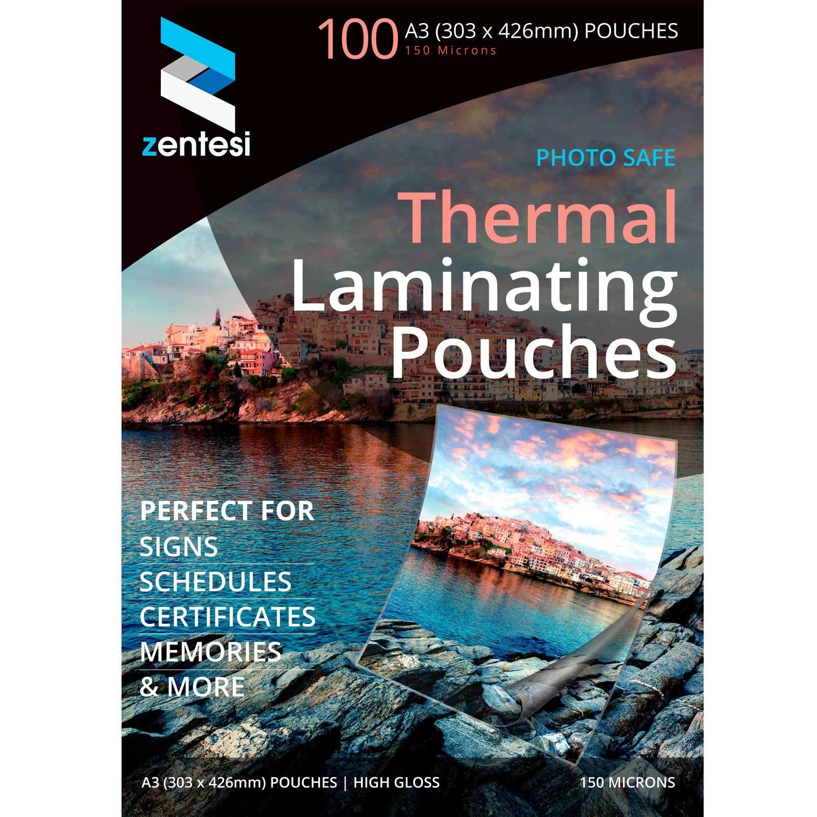 Zentesi A3 Laminating Pouches High Gloss Laminator Sheets 150 Micron (75 + 75 Microns) Glossy Laminate Pouch Sleeves - Pack of 100