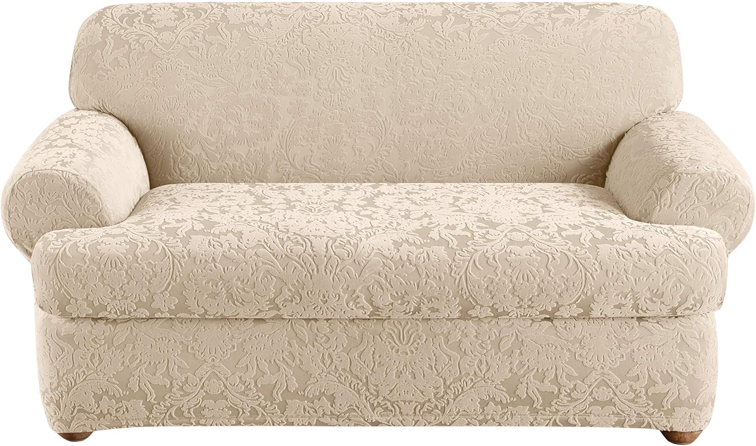 Surefit Home Décor Stretch Jacquard Damask T-Cushion Loveseat Two Piece Slipcover, Form Fit, Polyester/Spandex, Machine Washable, Oyster