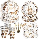 APOWBLS Western Cowboy Party Decorations Dinnerware - Wild West Party Supplies, Paper Plate, Cup, Napkin, Fork, Western Cowboy Rodeo Theme Birthday Baby Shower Decorations Tableware | Serve 24 Guests