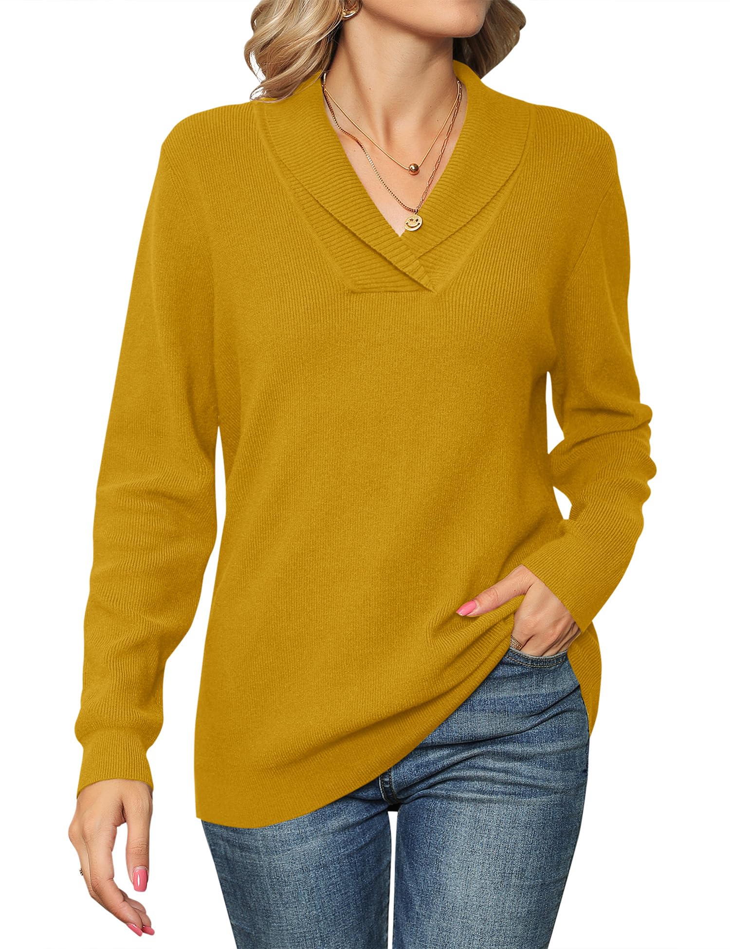 Ivicoer Shawl V Neck Sweaters Woman Long Sleeve Pullover Collared Ladies Casual Loose Business Knitted Tops Fall Winter Clothing Polo Office Fashion Trendy Image