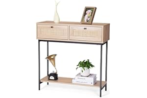Lynxor Rattan Console Table with 2 Drawers, 31.5" Entryway Table with Open Storage Shelf Boho Style Narrow Long Sofa Table for Living Room Foyer Hallway