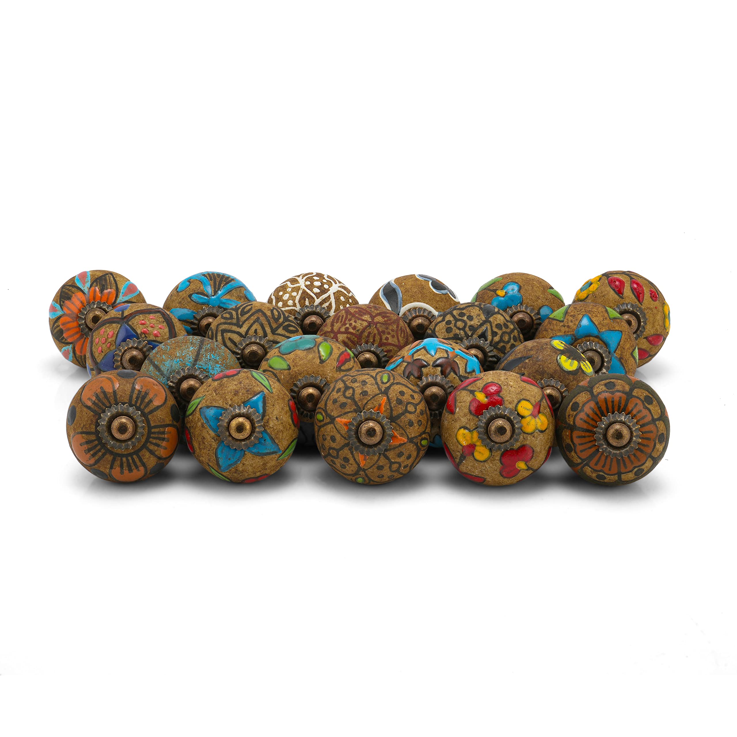 Rasiya Art Brown Drawer Knobs - Assorted Multicolor Ceramic Cabinet Pull Handle Kitchen Furniture Hardware Boho Farmhouse Decor - Pack of 20