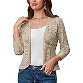 GRACE KARIN Women's 3/4 Sleeve Open Front Cropped Cardigan Summer Lightweight Hollow Out Knit Shrug