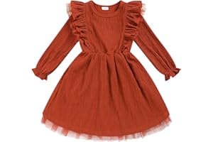 SINHOON Toddler Girl Dress Fall Ruffle Long Sleeve Baby Girl Solid Color Casual Dresses 2-6Y