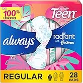 Always Radiant Teen Pads, Size 1, Regular, with Wings, Unscented, 28 Count
