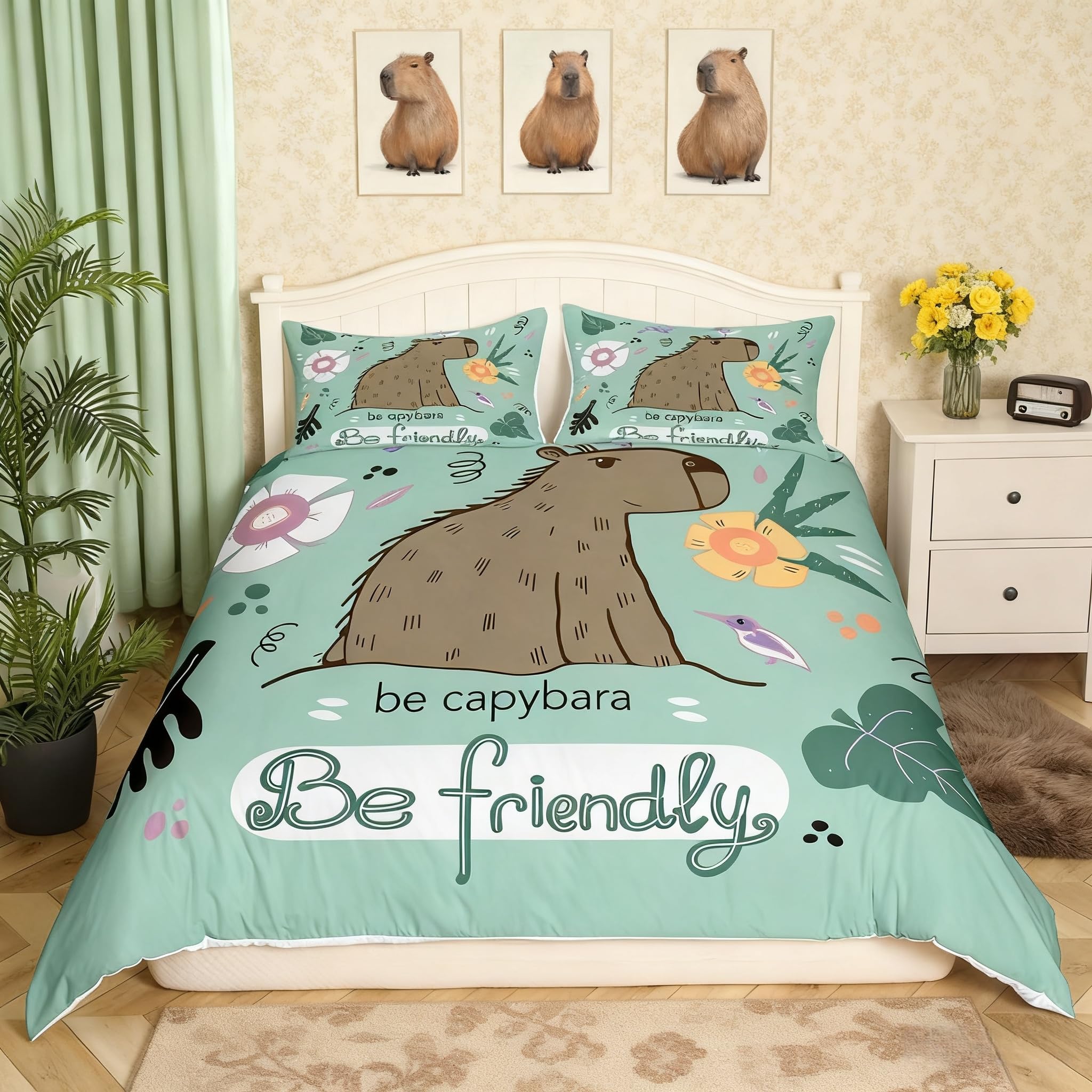Manfei Capybara Duvet Cover Set Single Size, South America Animal Bedding Set 2pcs for Kids Boys Room Decor, Tropical Flowers Leaves Birds Comforter Cover Soft Polyester Quilt Cover with 1 Pillowcase