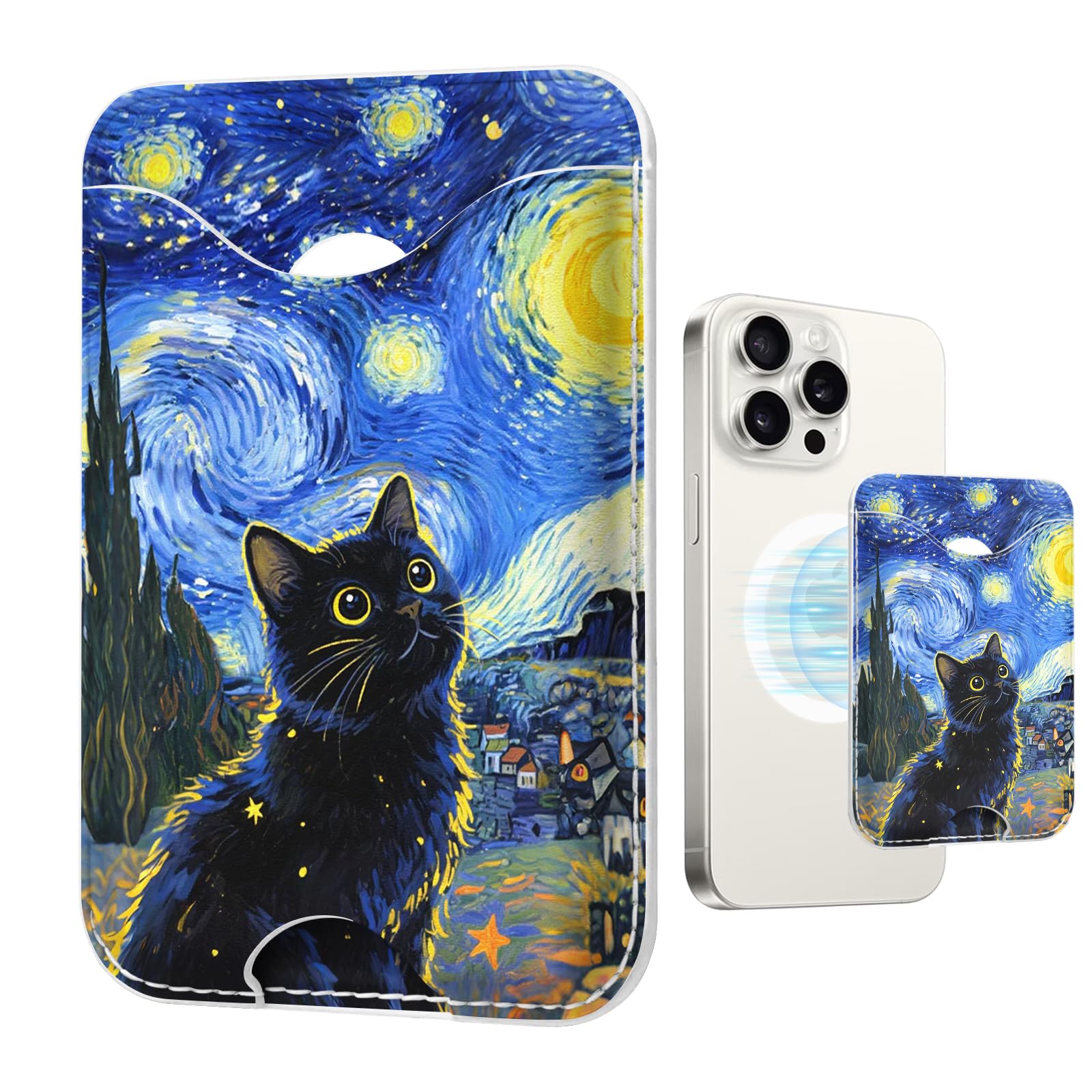 TOXXU Starry Night Cats Magnetic Wallet for Magsafe Compatible with iPhone 17/16/15/14/13/12 Series Pro Max Plus Air (Phone Magnet Card Holder Fit 3 Cards for Women Girl Lether Mag Safe Wallets)