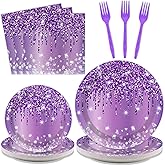 96 Pcs Purple Silver Tableware Set for Birthday Party Decor Disposable Dessert Plates Napkins Forks for 24 Guests Elegant Purple Tableware for Women Girls Baby Shower Bridal Shower Party Supplies