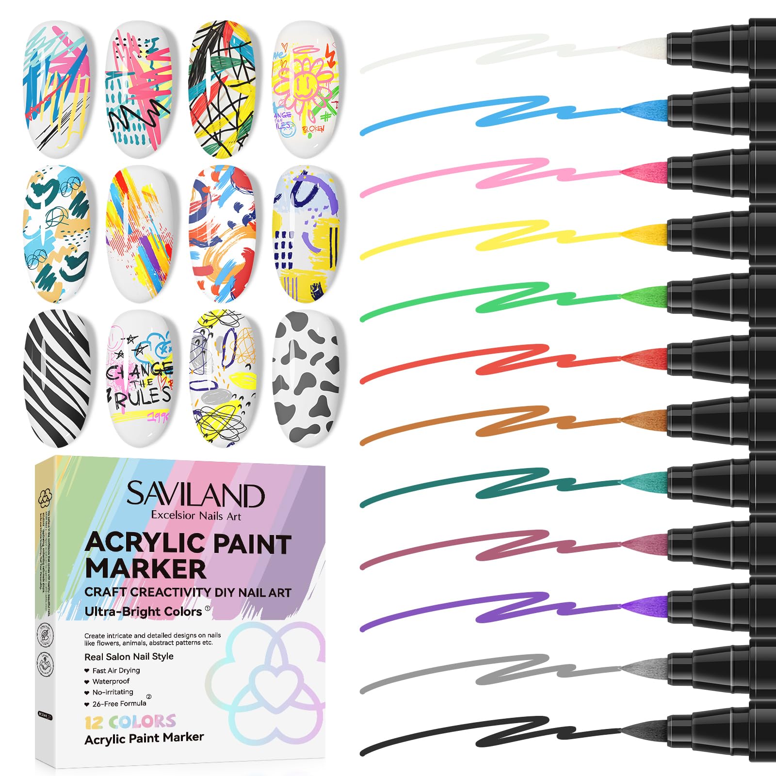 Saviland Nail Art Pens Quick Drying: 12 Colors Instant Painting Nail Polish Pen Color-fast Nail Pens Waterproof Dotting Tools Nail Art Charms Painting Nails Nail Tools Fine Tip DIY Manicure Beauty