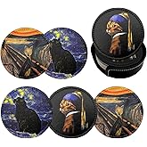 Cat Art Coasters for Drinks with Holder Leather Coasters Set of 6 for Bar Coffee Table