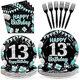 96Pcs 13th Birthday Party Supplies Teal Blue and Black Plates and Napkins Disposable Turquoise Teenager 13 Years Old Paper Tableware Set for Boys Girls 13th Birthday Party Decorations Serves 24