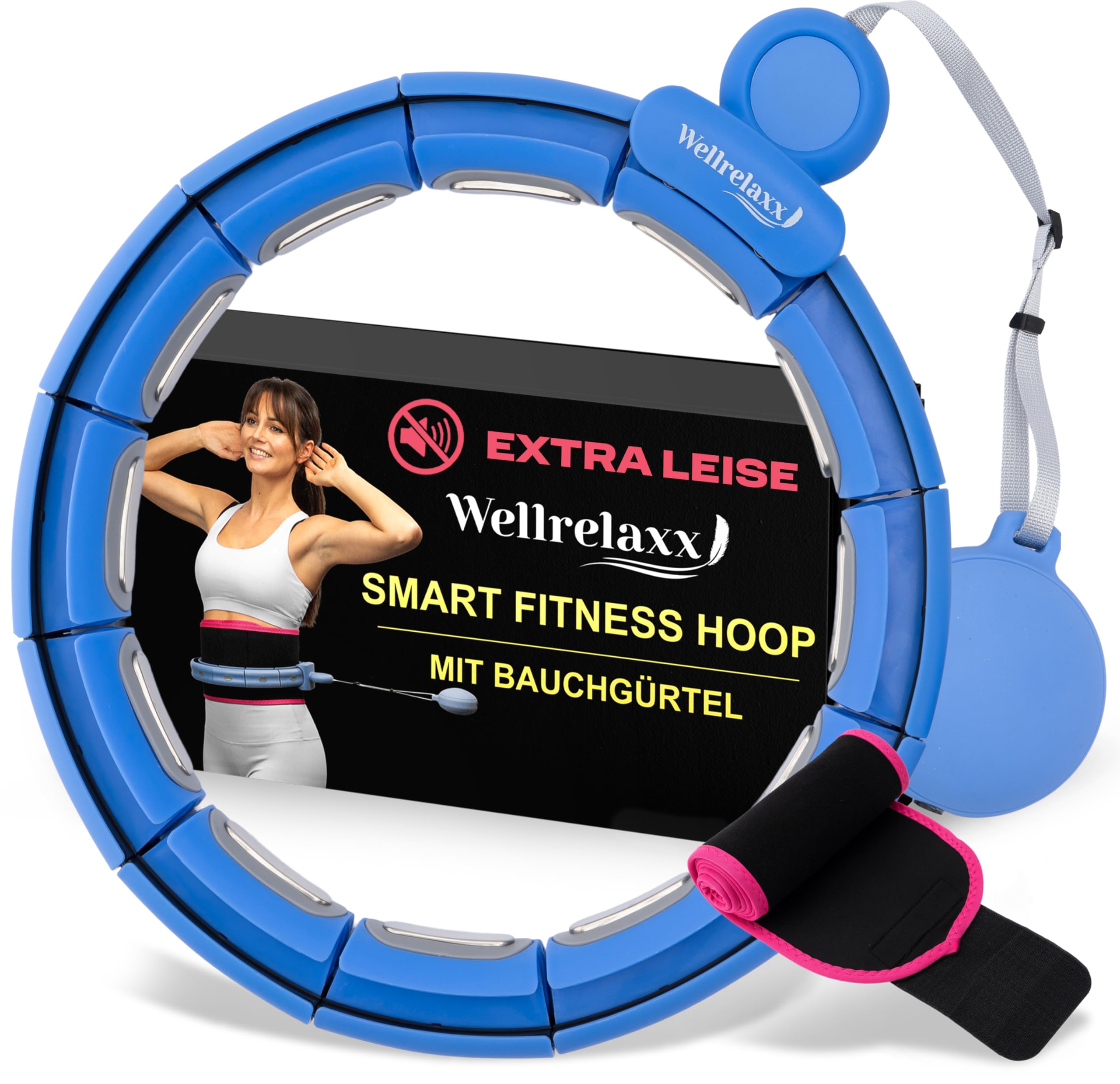WELLRELAXX Weighted Hula Hoop for Adults includes Waist Slimmer Belt | Quiet | Circumference up to 113 cm (44.5 in) | Smart Hula Hoop with Weight Ball | Exercise Ring for Weight Loss