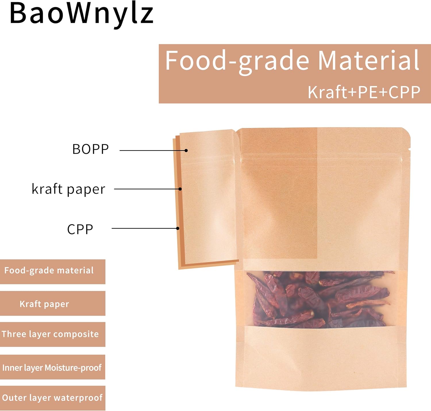 BaoWnylz 50pcs Kraft Paper Bag with Window(15x22x5.5cm),Bath Salt Packaging, Waterproof and Moisture-Proof, Reusable - Image 4