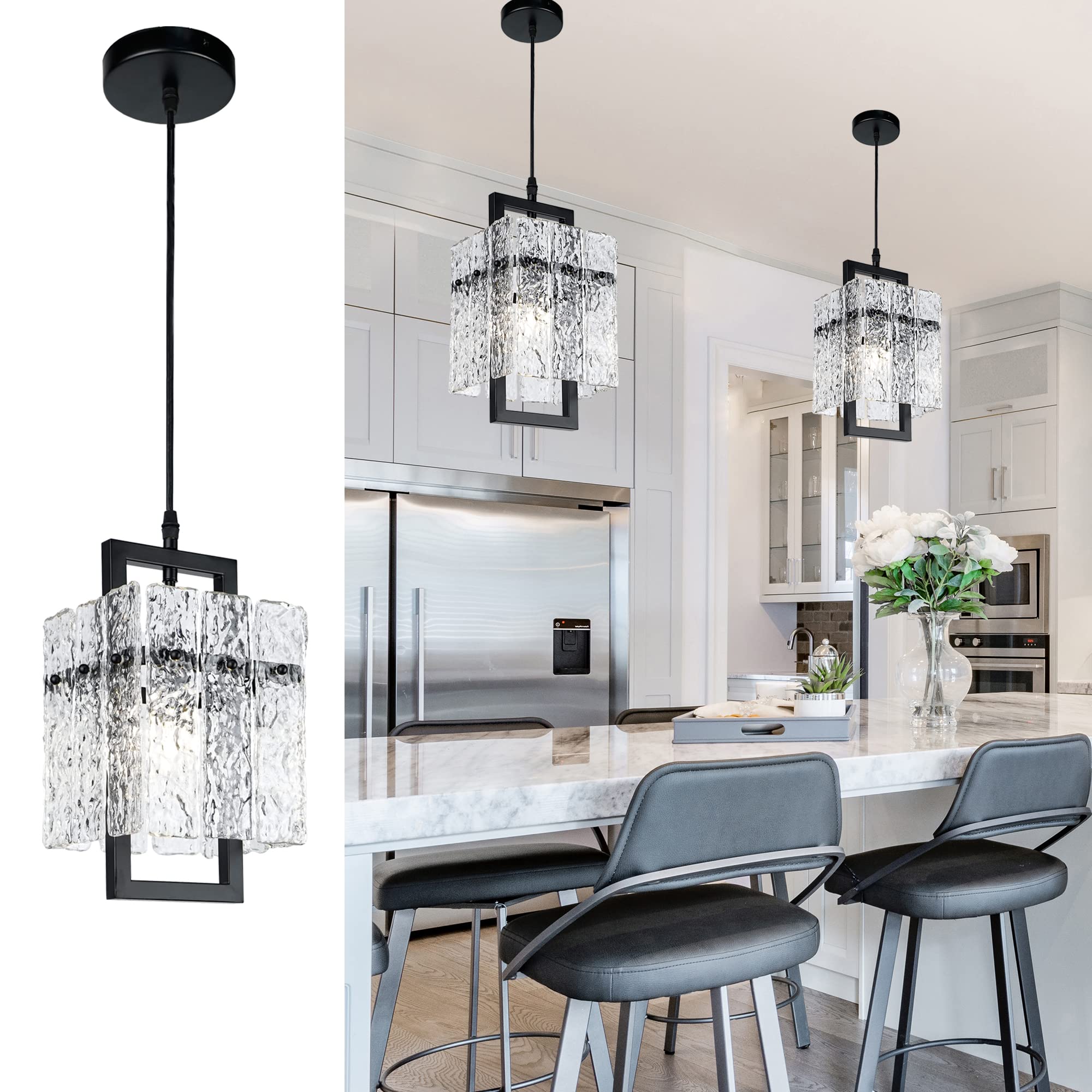 Photo 1 of || 1 SET ONLY/ 1 PIECE|| IKK Black Crystal Pendant Light for Kitchen Island, Luxury Water Ripple Glass Chandelier Lights Fixture, Modern Elegant Adjustable Pendant Lighting for Dining Room Bedroom, E12 Bulb, L6.5'' x H11.8''