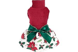 Fitwarm Christmas Poinsettia Flower Dog Turtleneck Dress, Holiday Clothes for Small Dogs Girl, Pet Festive Outfit, Red, White, Small
