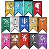 Greek Gods Banners, 14pcs Percy Jackson Cabin Banners, Htabiol Greek Mythology Party Banner, Percy Jackson Cabin Flags, Fit for Percy Jackson Party, Percy Jackson Birthday Party (12"x7.3", Polyester)
